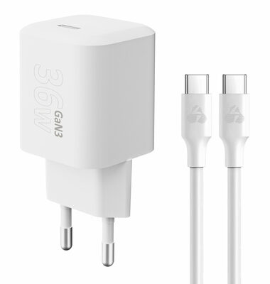 POWERTECH φορτιστής τοίχου PT-1350 με καλώδιο, USB-C, 36W, GaN, λευκός