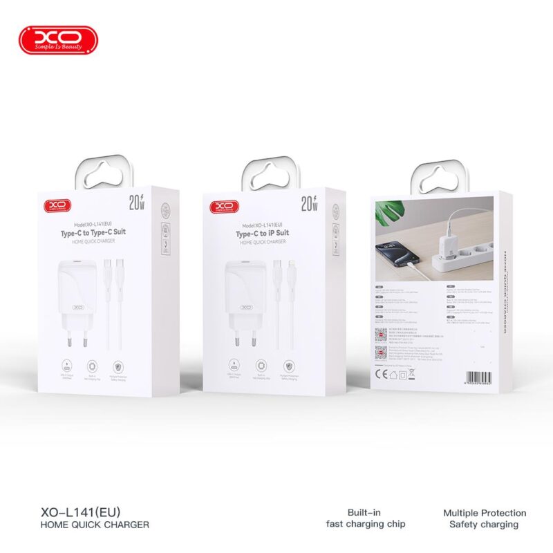 XO L141 ΦΟΡΤΙΣΤΗΣ 20W, 1 ΘΥΡΑ TYPE-C ΜΕ ΚΑΛΩΔΙΟ PD ΣΕ LIGHTNING, ΛΕΥΚΟΣ