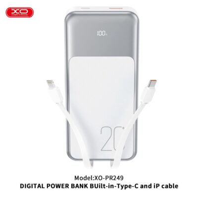 XO PR249 POWERBANK PD 20W + QC 22.5W ΜΕ ΕΝΣΩΜΑΤΩΜΕΝΟ ΚΑΛΩΔΙΟ TYPE-C ΚΑΙ LIGHTNING , ΟΘΟΝΗ, 20000mAh , ΜΑΥΡΟ