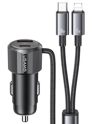 USAMS φορτιστής αυτοκινήτου CC287 με 2 σε 1 καλώδιο, USB/USB-C θύρες, 66W, μαύρος