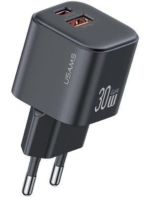 USAMS φορτιστής τοίχου CC263, USB & USB-C, 30W, GaN, μαύρος