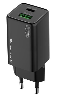 POWERTECH φορτιστής τοίχου PT-1501, USB/USB-C, 65W, GaN, μαύρος