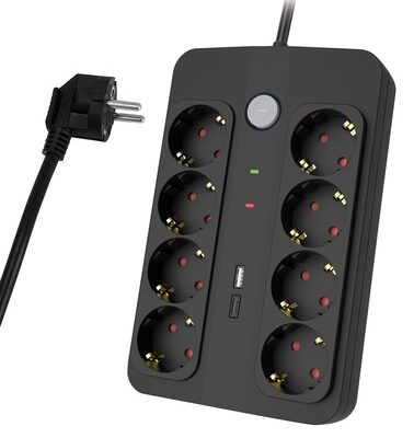 POWERTECH πολύπριζο ασφαλείας PT-1535, 8 θέσεων, με USB & USB-C θύρες, 16A, 1.5m, μαύρο