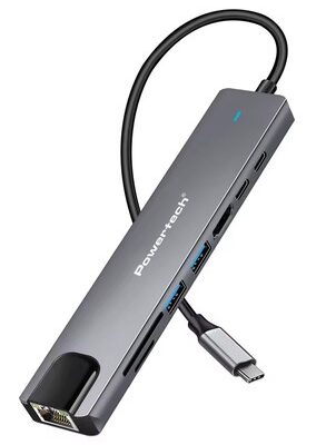 POWERTECH docking station PT-1537, 8 θυρών, USB-C σύνδεση, 100W PD, 1000Mbps, γκρι
