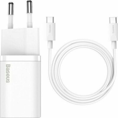 BASEUS SUPER SI ΦΟΡΤΙΣΤΗΣ ΓΡΗΓΟΡΗΣ ΦΟΡΤΙΣΗΣ, 1 ΘΥΡA, ΠΕΡΙΛΑΜΒΑΝΕΙ ΚΑΛΩΔΙΟ TYPE-C ΣΕ TYPE-C, 25W, ΛΕΥΚΟΣ