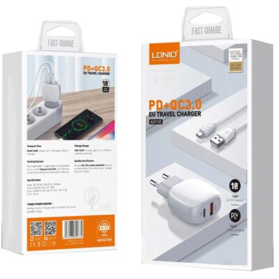 LDNIO A2313C ΦΟΡΤΙΣΤΗΣ QC3.0 + PD 18W ΜΕ ΚΑΛΩΔΙΟ LIGHTNING 1M