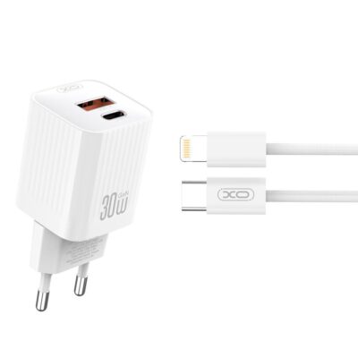 XO L149 ΦΟΡΤΙΣΤΗΣ PD30W 1 ΘΥΡΑ USB-A, 1 ΘΥΡΑ TYPE-C ΜΕ ΚΑΛΩΔΙΟ LIGHTNING, ΛΕΥΚΟΣ