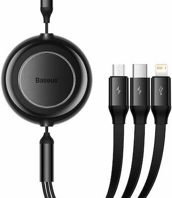 BASEUS BRIGHT MIRROR 2 SERIES, 3 ΣΕ 1, RETRACTABLE, TYPE-C + MICRO USB + LIGHTNING, 3.5A,  1.1M, ΜΑΥΡΟ