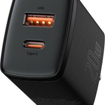 BASEUS COMPACT ΦΟΡΤΙΣΤΗΣ ΓΡΗΓΟΡΗΣ ΦΟΡΤΙΣΗΣ, 2 ΘΥΡΕΣ, 20W, ΜΑΥΡΟΣ
