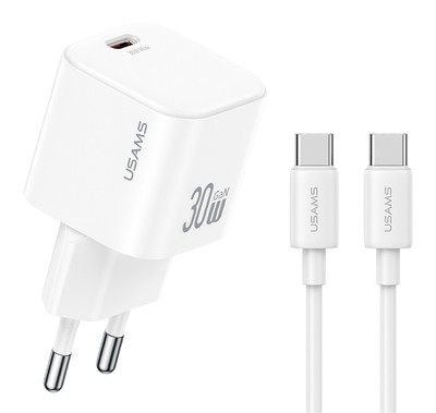 USAMS φορτιστής τοίχου CC262 με καλώδιο USB-C, 30W, GaN, λευκός