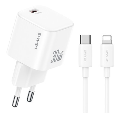 USAMS φορτιστής τοίχου CC262 με καλώδιο Lightning, 30W, GaN, λευκός