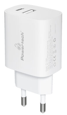 POWERTECH φορτιστής τοίχου PT-1040, USB & USB-C, PD QC3.0, 20W, λευκός