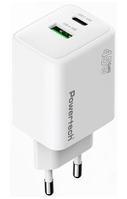 POWERTECH φορτιστής τοίχου PT-1551, USB/USB-C, 45W, GaN, AVS, λευκός