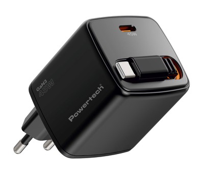 POWERTECH φορτιστής τοίχου PT-1572 με πτυσσόμενο καλώδιο, USB-C, 45W, GaN, μαύρος
