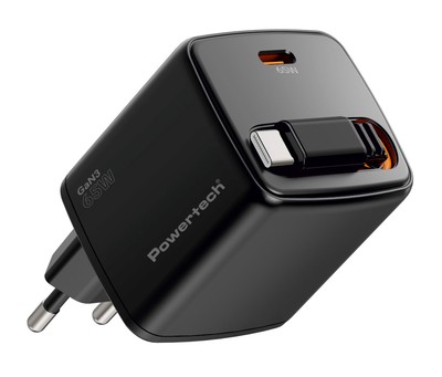 POWERTECH φορτιστής τοίχου PT-1573 με πτυσσόμενο καλώδιο, USB-C, 65W, GaN, μαύρος