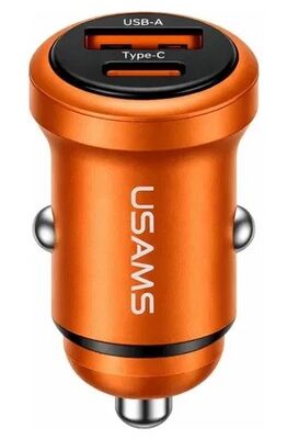 USAMS φορτιστής αυτοκινήτου CC322, USB & USB-C, 30W, πορτοκαλί