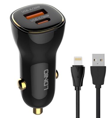 LDNIO φορτιστής αυτοκινήτου C103 με καλώδιο Lightning, USB/USB-C, 60W, μαύρος