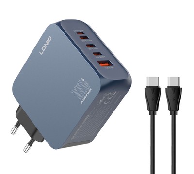 LDNIO φορτιστής τοίχου Q8 με καλώδιο USB-C, USB/Lightning/3x USB-C, GaN, 100W, μπλε