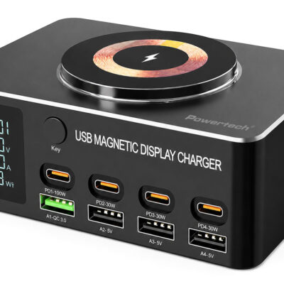 POWERTECH σταθμός φόρτισης PT-1625 με οθόνη, 4x USB/4x USB-C/wireless, 140W, μαύρος