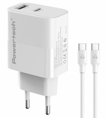 POWERTECH φορτιστής τοίχου PT-1635 με καλώδιο, USB/USB-C, 20W, λευκός