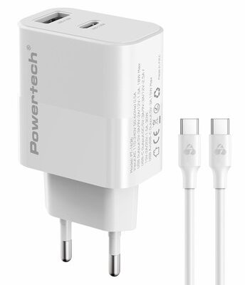POWERTECH φορτιστής τοίχου PT-1636 με καλώδιο, USB/USB-C, 30W, GaN, λευκός