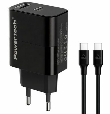 POWERTECH φορτιστής τοίχου PT-1637 με καλώδιο, USB/USB-C, 20W, μαύρος