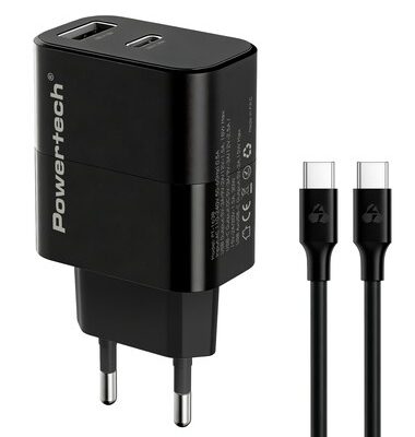 POWERTECH φορτιστής τοίχου PT-1638 με καλώδιο, USB/USB-C, 30W, GaN, μαύρος