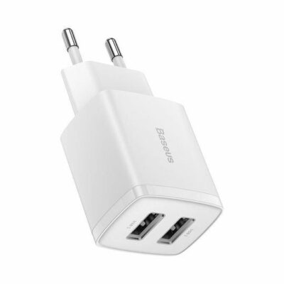 BASEUS COMPACT CHARGER 2U, ΦΟΡΤΙΣΤΗΣ ΤΟΙΧΟΥ, 2 ΘΥΡΕΣ USB, 10.5W, ΛΕΥΚΟΣ